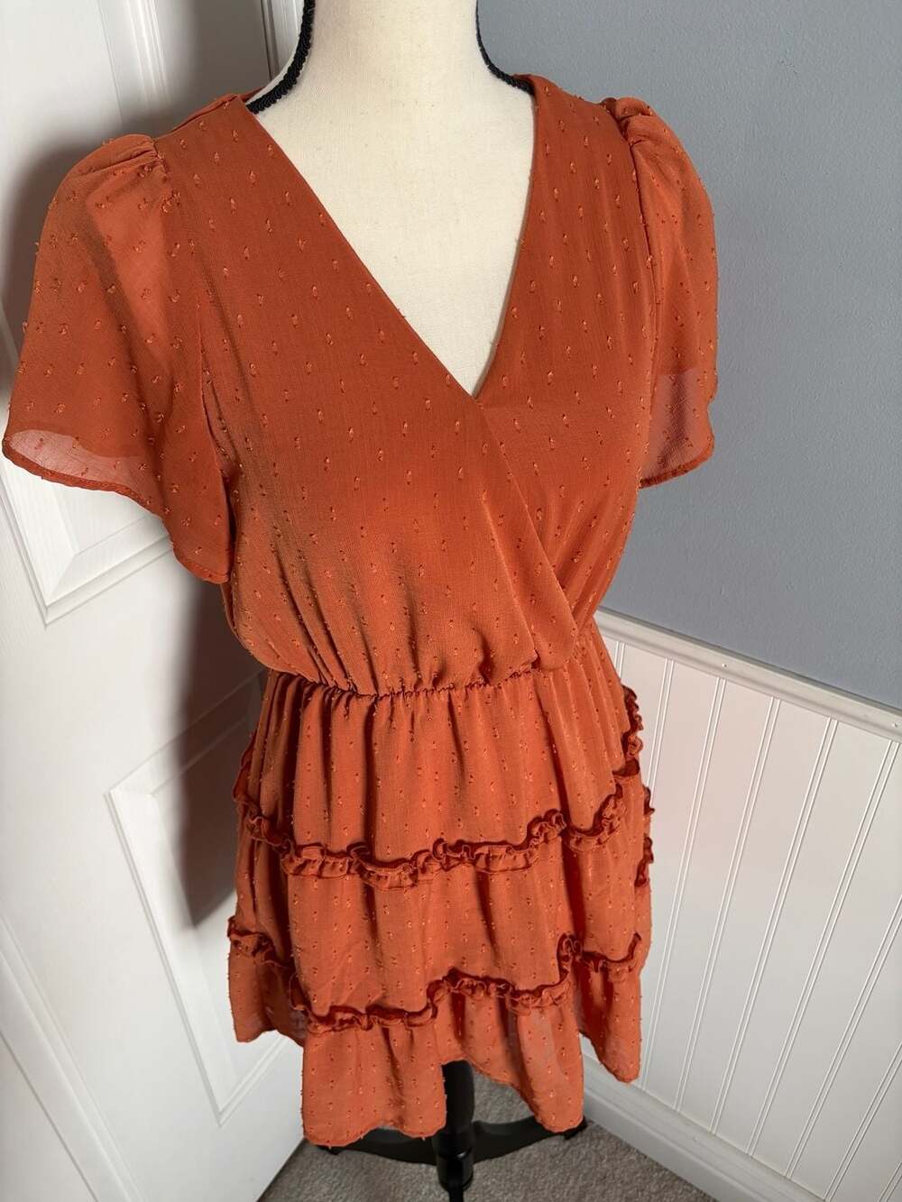Altar'd State Swiss Dot Ruffle Tiered Mini Dress in Rust